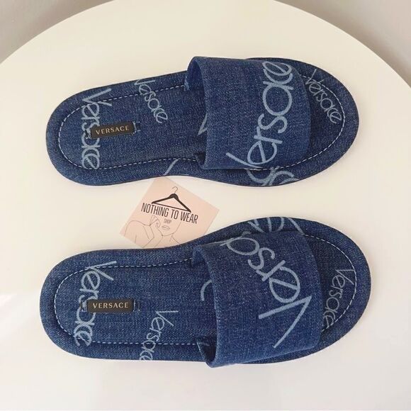 ⭕️ VERSACE Denim Slippers Sandals Blue Logo Women’s Designer 8.5 - Picture 5 of 9